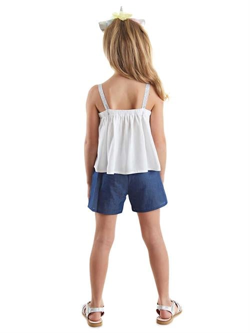Denokids Kız Çocuk Renkli Püsküllü Unicorn Bluz Denim Şort Takım CFF-24Y1-013