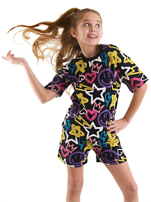 Denokids Kız Çocuk Street Style T-shirt Şort Takım MS-24Y1-078