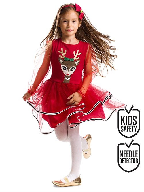 Denokids Kız Çocuk Tüllü Geyik Yılbaşı Tütü Elbise Kırmızı CFF-18K1-067