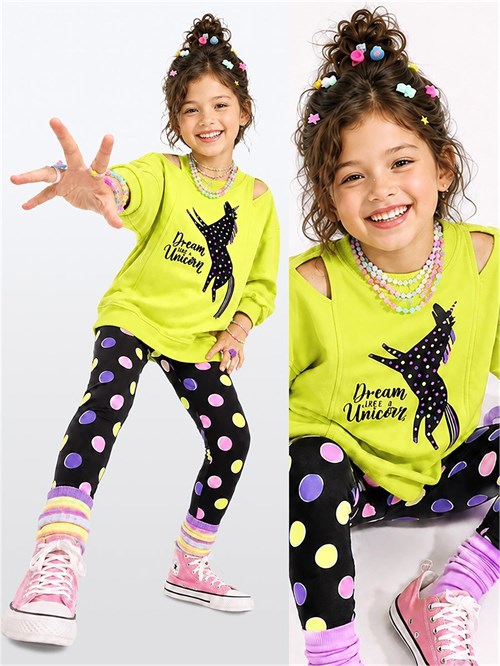 Denokids Kız Çocuk Unicorn Puantiyeli Tayt Sweatshirt Takım Fıstık Yeşili CFF-26S1-069