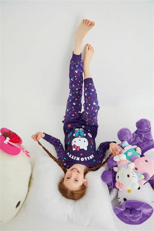 Denokids Kız Çocuk  Uzun Kol Pamuklu Pijama Takımı Mor DM09-ROZ-61
