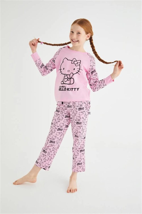 Denokids Kız Çocuk Uzun Kol Pamuklu Pijama Takımı Pembe DM09-ROZ-51