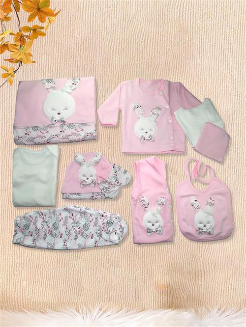 Gaye Kız Bebek Pamuklu 10lu Tavşanlı Hastane Çıkış Seti Pembe 647