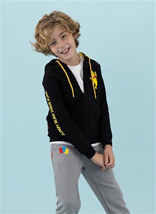 Haribo Erkek Çocuk Nakışlı Fermuarlı Sweatshirt Siyah HRBTXT319