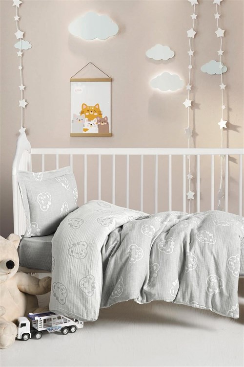 Kanz Bebek Bear Müslin 3 Parça Nevresim Takımı Gri KNZ-013