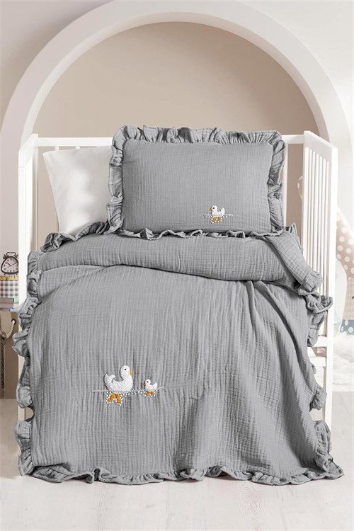 Kanz Bebek Ducky Fırfırlı Müslin 4 Parça Nevresim Takımı Gri KNZ-020
