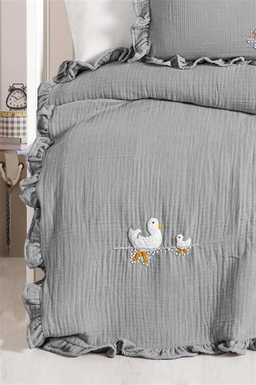 Kanz Bebek Ducky Fırfırlı Müslin 4 Parça Nevresim Takımı Gri KNZ-020