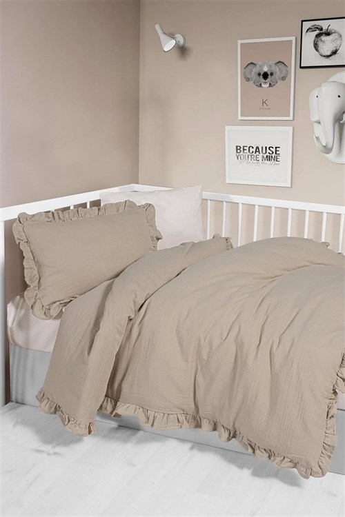 Kanz Bebek Fırfırlı Müslin 4 Parça Nevresim Takımı Bej KNZ-023