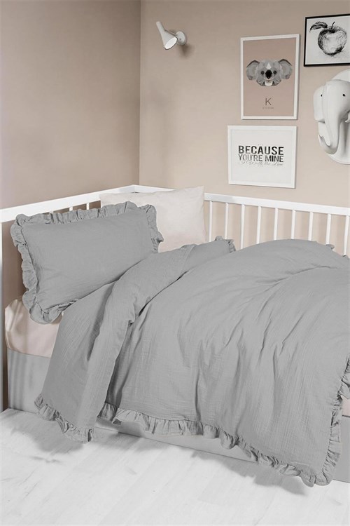 Kanz Bebek Fırfırlı Müslin 4 Parça Nevresim Takımı Gri KNZ-023