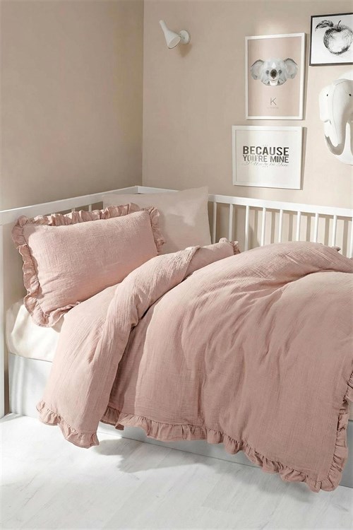 Kanz Bebek Fırfırlı Müslin 4 Parça Nevresim Takımı Pudra KNZ-023