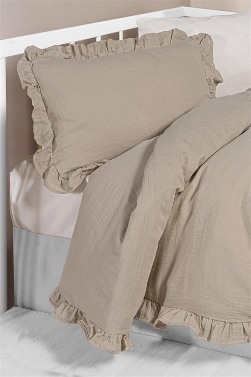 Kanz Bebek Fırfırlı Müslin 4 Parça Nevresim Takımı Bej KNZ-023