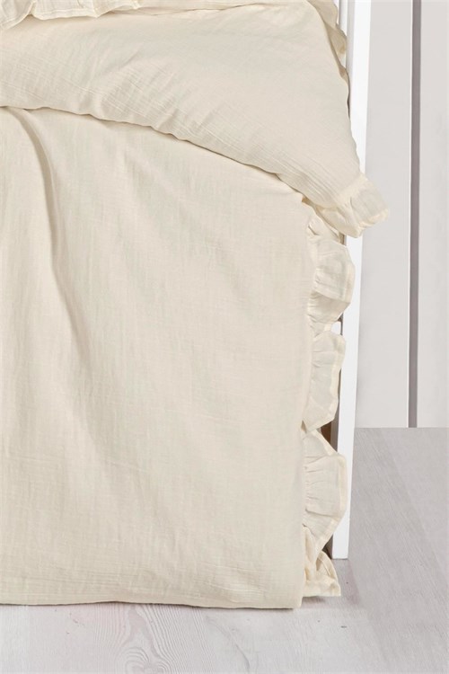 Kanz Bebek Fırfırlı Müslin 4 Parça Nevresim Takımı Krem KNZ-023