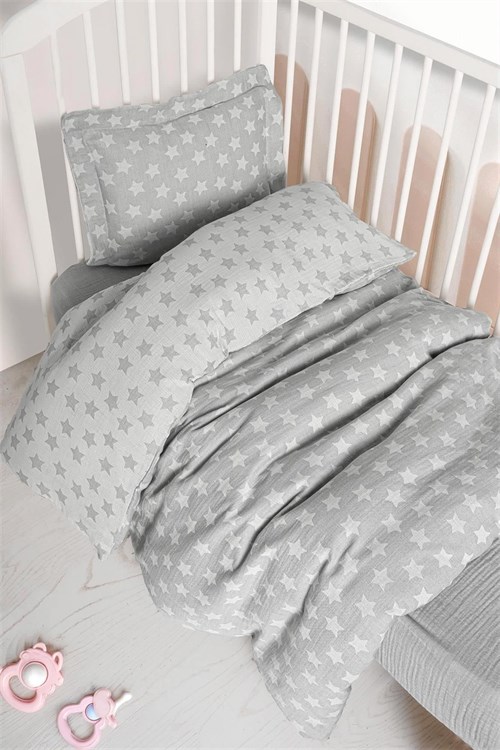 Kanz Bebek Star Müslin 3 Parça Nevresim Takımı Gri KNZ-013