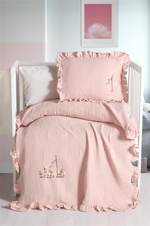 Kanz Kız Bebek Fiore Fırfırlı Müslin 4 Parça Nevresim Takımı Pembe KNZ-020