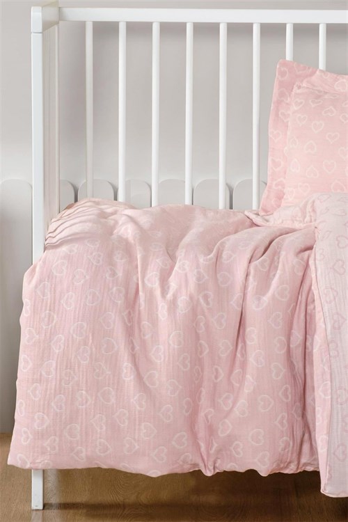 Kanz Kız Bebek Heart Müslin 3 Parça Nevresim Takımı Pembe KNZ-013