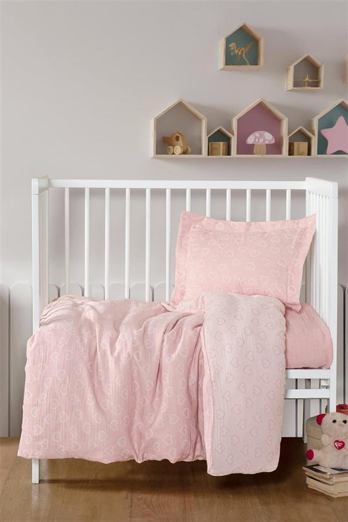 Kanz Kız Bebek Heart Müslin 3 Parça Nevresim Takımı Pembe KNZ-013