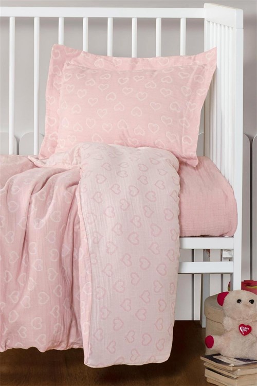 Kanz Kız Bebek Heart Müslin 3 Parça Nevresim Takımı Pembe KNZ-013
