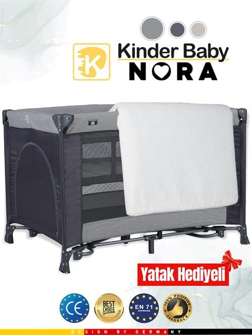 Kinder Baby Nora Park Yatak Oyun Parkı Beşik 70*110 Cm + Yatak Hediyeli Gri