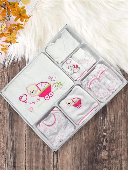 Kinder Baby Özlem Bebe Kız Bebek Pamuklu 10lu Arabalı Hastane Çıkış Seti Pembe 3102