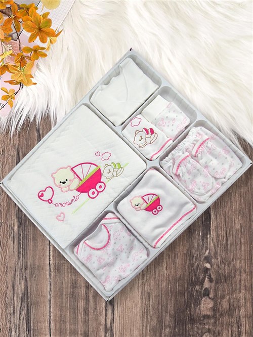 Kinder Baby Özlem Bebe Kız Bebek Pamuklu 10lu Arabalı Hastane Çıkış Seti Pembe 3102