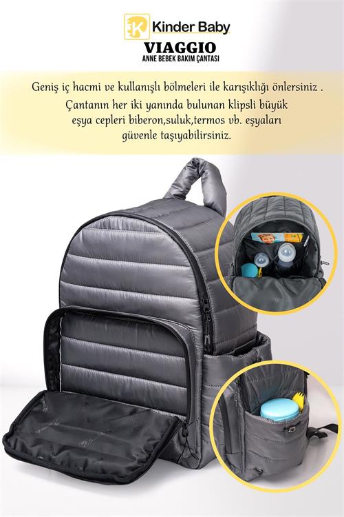 Kinder Baby Viaggio Termal Biberon Çantalı ve Alt Açma Pedli Antrasit Bebek Bakım Çantası