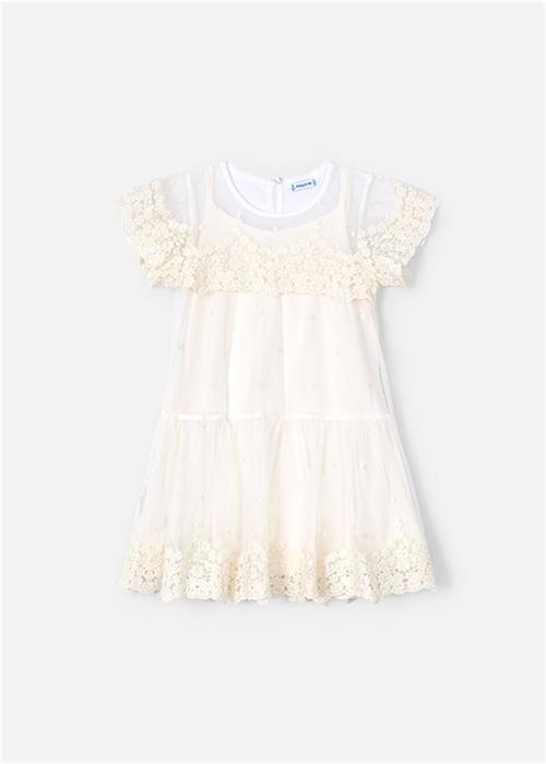 Mayoral Kız Çocuk İşlemeli Tül Elbise Krem 3909