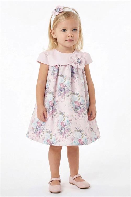 Pamina Kız Bebek Bandanalı Çiçekli Elbise Pudra 36197