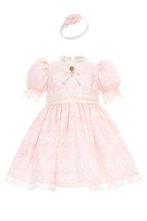 Pamina Kız Bebek Bandanalı Dantelli Elbise Pudra 36315