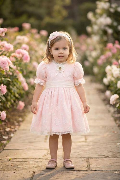 Pamina Kız Bebek Bandanalı Dantelli Elbise Pudra 36315