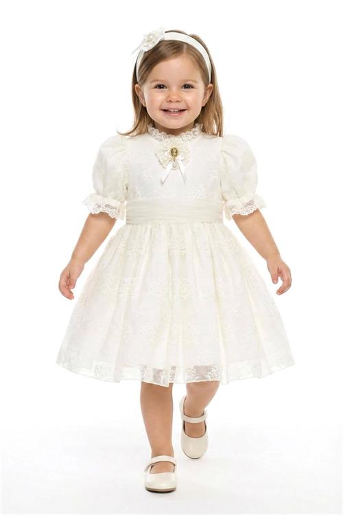 Pamina Kız Bebek Bandanalı Dantelli Elbise Ekru 36315
