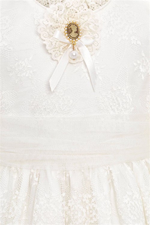 Pamina Kız Bebek Bandanalı Dantelli Elbise Ekru 36315