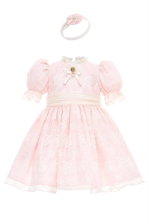 Pamina Kız Bebek Bandanalı Dantelli Elbise Pudra 36315