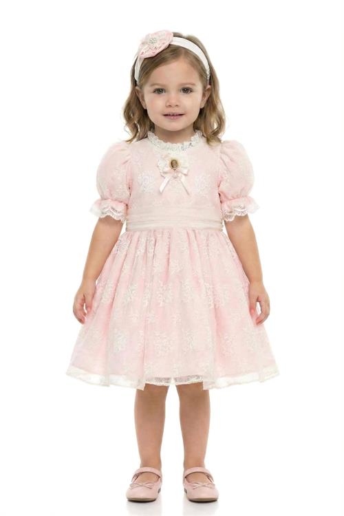 Pamina Kız Bebek Bandanalı Dantelli Elbise Pudra 36315