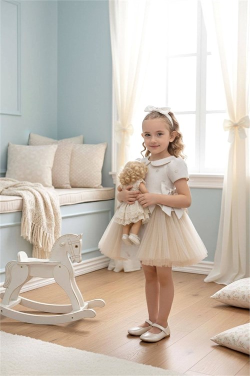 Pamina Kız Bebek Bandanalı Fiyonklu Tül Elbise Bej 36168