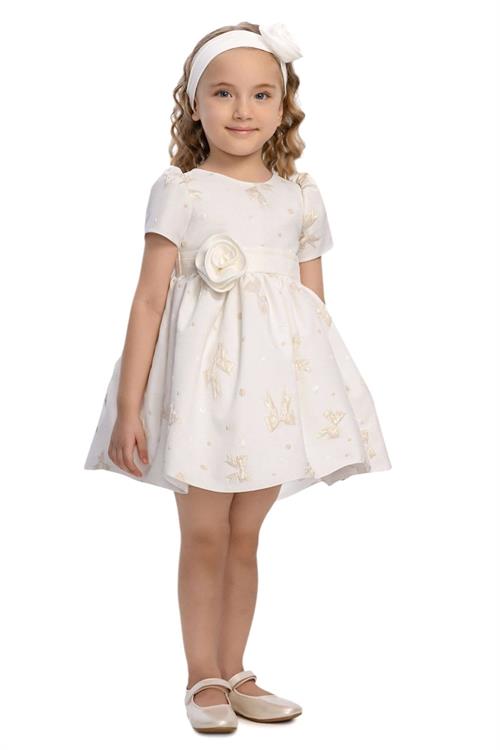Pamina Kız Bebek Bandanalı Kuşaklı Elbise Ekru 36171