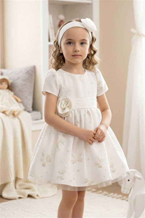 Pamina Kız Bebek Bandanalı Kuşaklı Elbise Ekru 36171