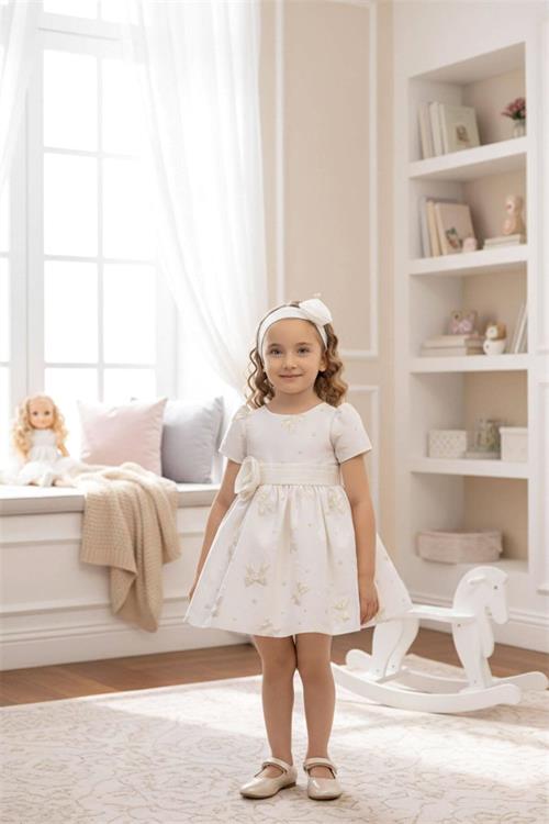 Pamina Kız Bebek Bandanalı Kuşaklı Elbise Ekru 36171