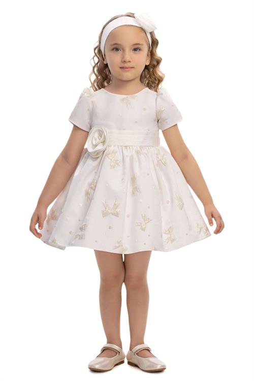Pamina Kız Bebek Bandanalı Kuşaklı Elbise Ekru 36171