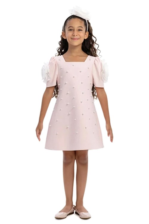 Pamina Kız Çocuk Taç Tokalı İncili Elbise Pembe 36129
