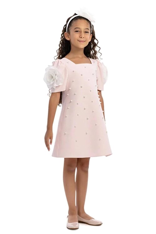 Pamina Kız Çocuk Taç Tokalı İncili Elbise Pembe 36129