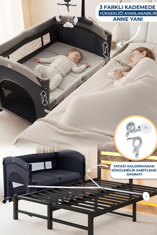 Prego Dubai 3in1 Anne Yanı Park Yatak Oyun Parkı Sallanır Beşik Yana Açılır - Kolay Katlanır +Yatak Hediye FÜME