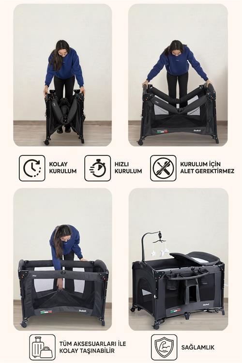 Prego Dubai 3in1 Anne Yanı Park Yatak Oyun Parkı Sallanır Beşik Yana Açılır - Kolay Katlanır +Yatak Hediye FÜME