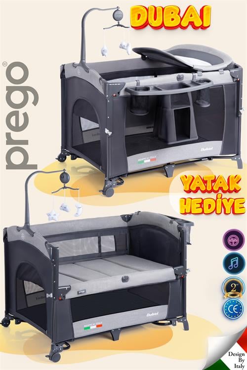 Prego Dubai 3in1 Anne Yanı Park Yatak Oyun Parkı Sallanır Beşik Yana Açılır - Kolay Katlanır +Yatak Hediye GRİ