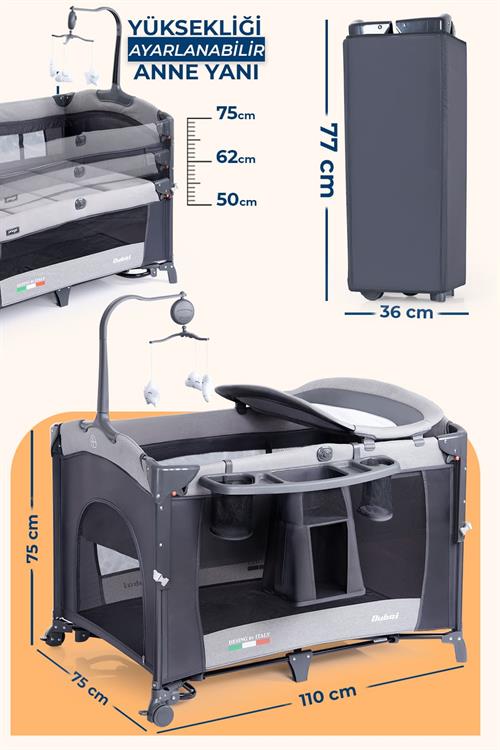 Prego Dubai 3in1 Anne Yanı Park Yatak Oyun Parkı Sallanır Beşik Yana Açılır - Kolay Katlanır +Yatak Hediye GRİ