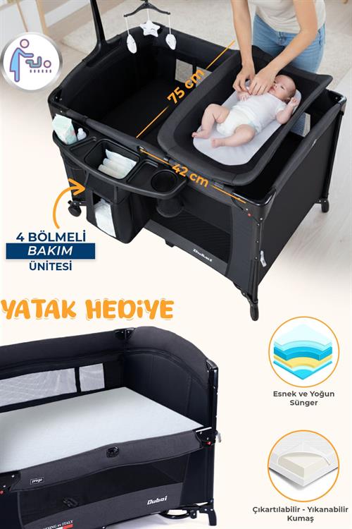 Prego Dubai 3in1 Anne Yanı Park Yatak Oyun Parkı Sallanır Beşik Yana Açılır - Kolay Katlanır +Yatak Hediye FÜME
