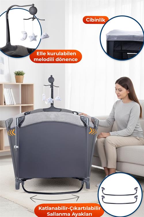 Prego Dubai 3in1 Anne Yanı Park Yatak Oyun Parkı Sallanır Beşik Yana Açılır - Kolay Katlanır +Yatak Hediye GRİ