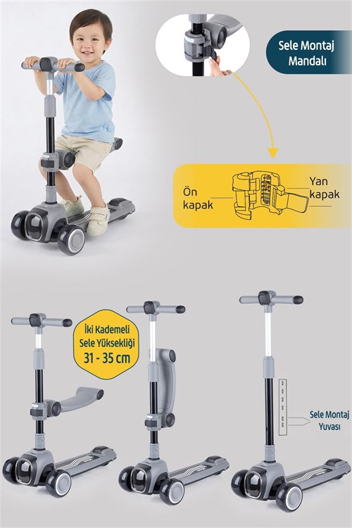 Prego Flow Müzikli Işıklı Oturaklı Scooter Gri K604