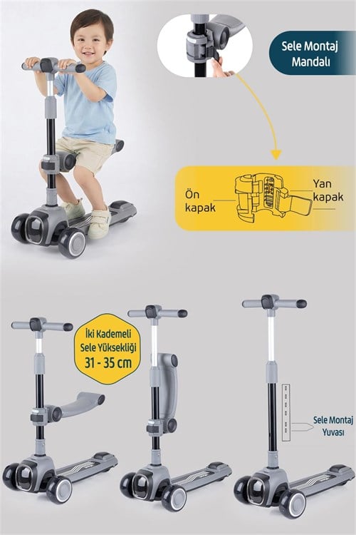 Prego Flow Müzikli Işıklı Oturaklı Scooter Gri K604