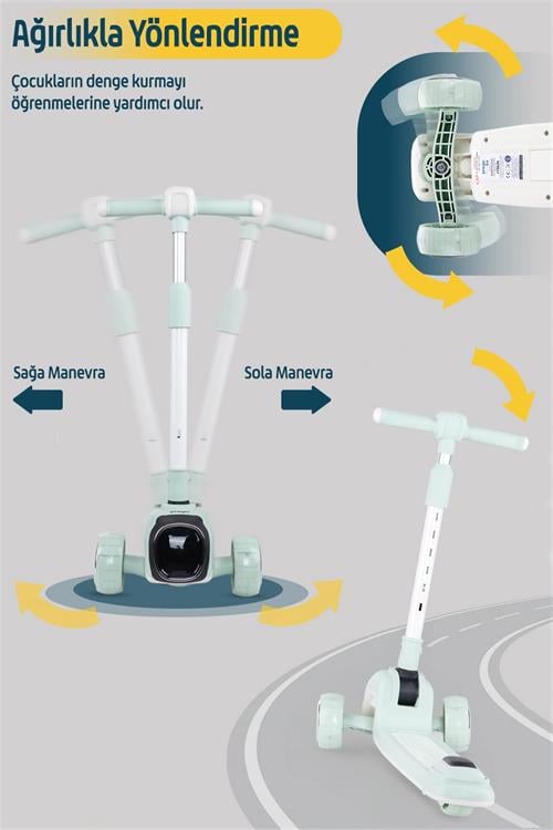 Prego Flow Müzikli Işıklı Oturaklı Scooter Yeşil K604