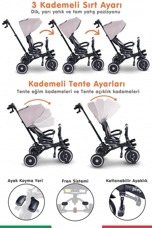 Prego Happy Dino Plus 360° Dönebilen Koltuklu Tamamen Katlanabilir Çocuk Bisikleti Bej P670